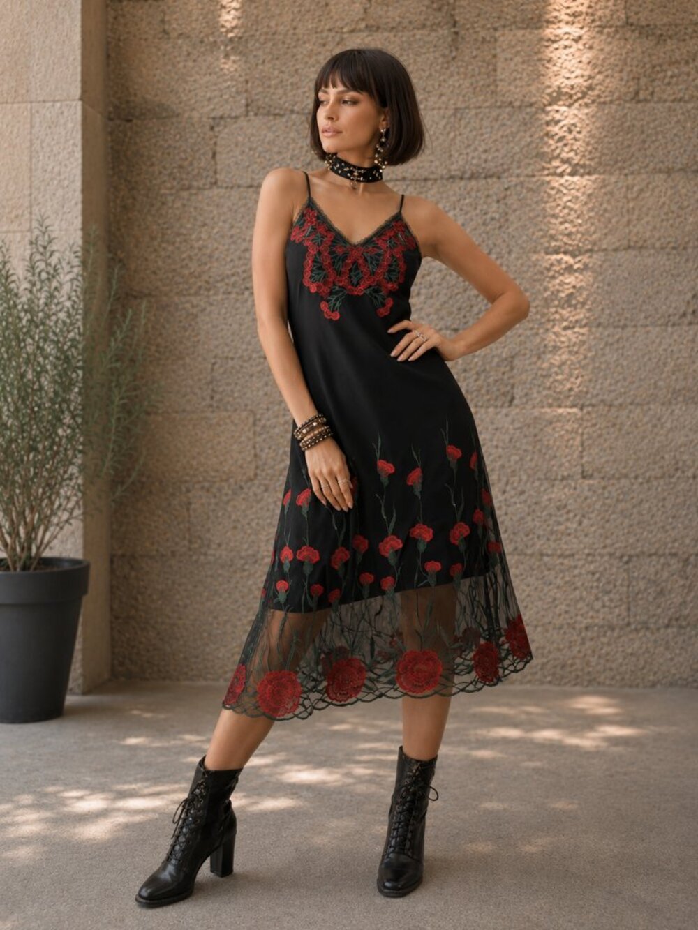 Whimsigoth Fairy Grunge Dark Coquette Red Rose Embroidered Slip Midi Dress L